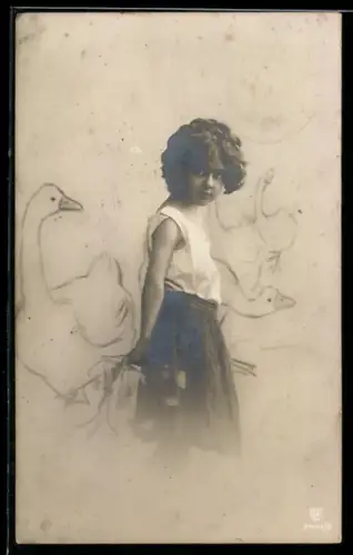 Foto-AK GL Co 2444 /5: Mädchen hält einen Zweig in den Händen, Gänse