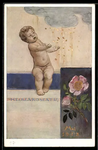 AK München, Heckenrosentag, Mai 1912, Nackter Junge, Geldmünzen fallen aus der Wolke