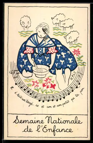 AK Semaine Nationale de l`Enfance, Kinderfürsorge, Junge Hirtin rührt in einem Topf, Kinderlied