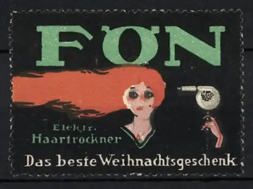 Reklamemarke Fön, Elektr. Haartrockner, Frau mit langem Haar