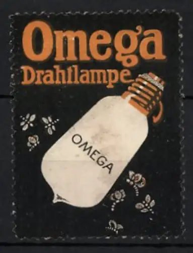 Reklamemarke Omega Drahtlampe, Glühbirne und Insekten