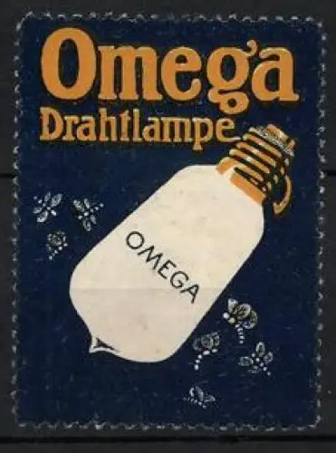 Reklamemarke Omega Drahtlampe, Glühbirne mit Insekten