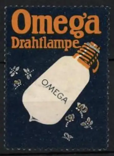 Reklamemarke Omega Drahtlampe, Glühbirne mit Motten
