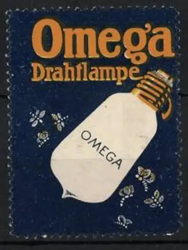 Reklamemarke Omega Drahtlampe, Glühbirne und Motten