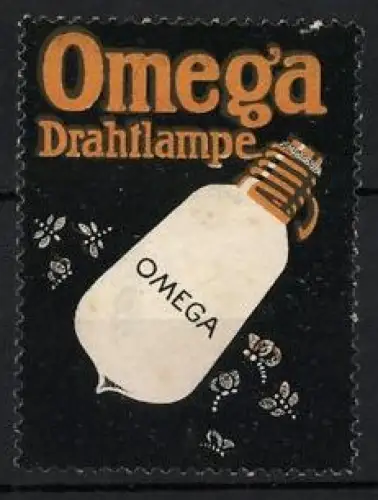 Reklamemarke Omega Drahtlampe, Glühbirne und Motten