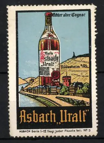 Reklamemarke Rüdesheim, Asbach Uralt, Cognacflasche und Landschaft