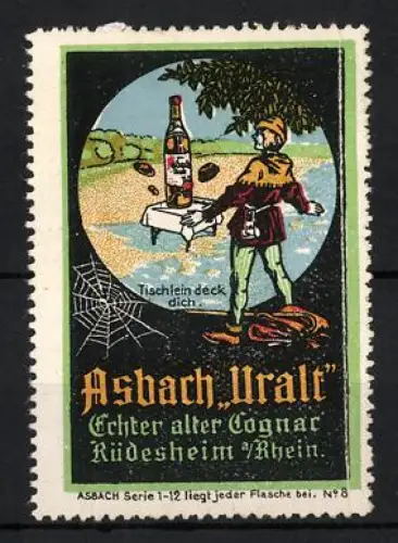 Reklamemarke Rüdesheim a. Rhein, Asbach Uralt, Cognac, Tischlein-deck-dich-Szene