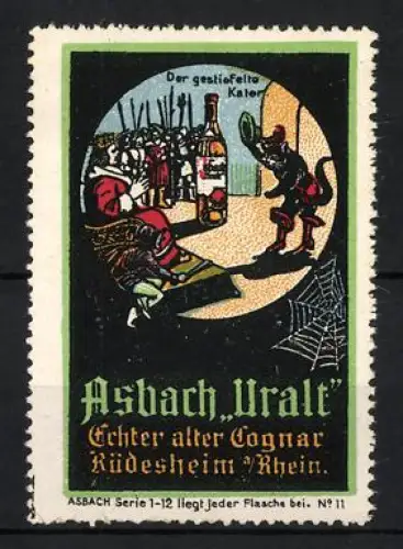 Reklamemarke Rüdesheim a. Rhein, Asbach Uralt, gestiefelter Kater