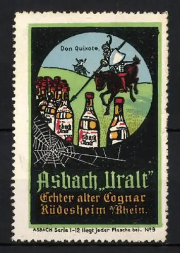 Reklamemarke Rüdesheim a. Rhein, Asbach Uralt Cognac, Don Quixote auf Pferd