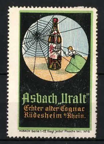 Reklamemarke Rüdesheim a. Rhein, Asbach Uralt, Cognacflasche im Spinnennetz