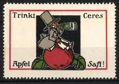 Reklamemarke Ceres Apfelsaft, Mann auf Apfel mit Flasche