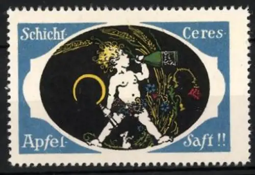 Reklamemarke Ceres Apfel-Saft, trinkender Putto mit Sichel