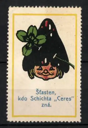 Reklamemarke Schicht Ceres Fruchtsäfte, Zwerg mit Kleeblatt