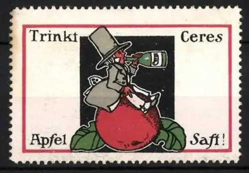 Reklamemarke Ceres Apfelsaft, Mann auf Apfel
