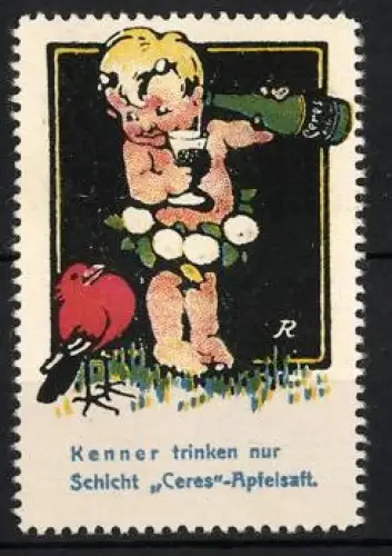 Reklamemarke Schicht Ceres-Apfelsaft, Engel mit Flasche und Vogel