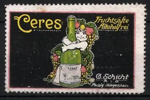 Reklamemarke Aussig, Ceres Fruchtsäfte Alkoholfrei, Flasche mit Trauben und Putto