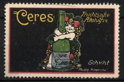 Reklamemarke Ceres, Fruchtsäfte Alkoholfrei, Flasche umarmt von Figur