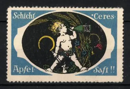 Reklamemarke Schicht Ceres Apfelsaft, Trinkende Figur mit Sichel