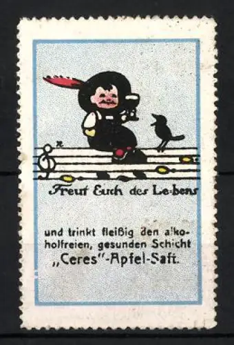 Reklamemarke Ceres Apfel-Saft, Fröhliches Kind mit Vogel