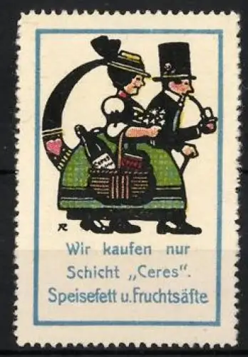Reklamemarke Schicht Ceres Fruchtsäfte, Paar mit Korb und Flasche