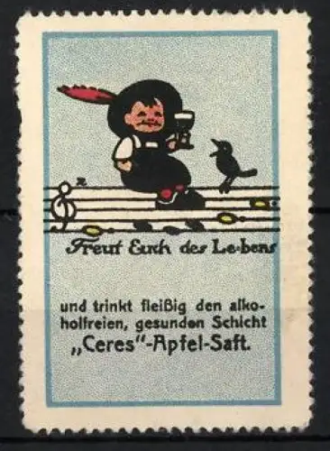 Reklamemarke Ceres Apfelsaft, Freut Euch des Lebens, Junge auf Notenzeile