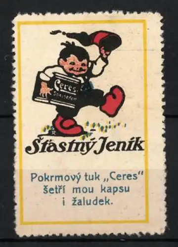 Reklamemarke Ceres-Speisefett, Junge mit Schirm und Speisefett-Packung