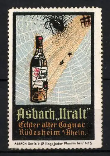 Reklamemarke Rüdesheim, Asbach Uralt, Flasche und Spinnennetz