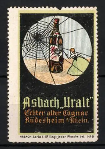 Reklamemarke Rüdesheim, Asbach Uralt, Spinne mit Flasche im Netz