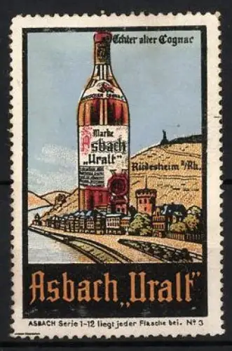 Reklamemarke Rüdesheim, Asbach Uralt, Cognacflasche und Ortsansicht