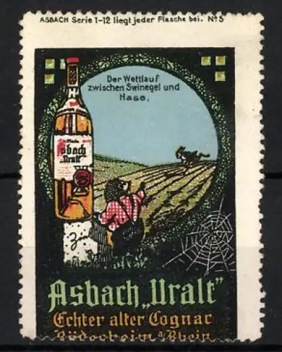 Reklamemarke Asbach Uralt, Echter alter Cognac, Igel und Hase im Wettlauf