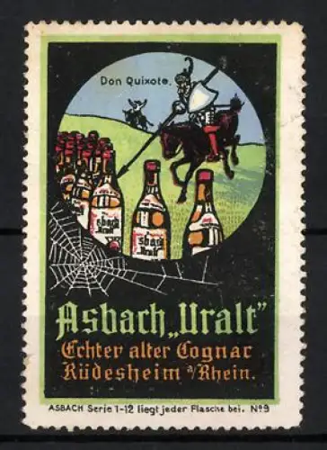 Reklamemarke Rüdesheim, Asbach Uralt, Don Quixote und Flaschen