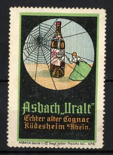 Reklamemarke Rüdesheim, Asbach Uralt, Cognacflasche im Netz