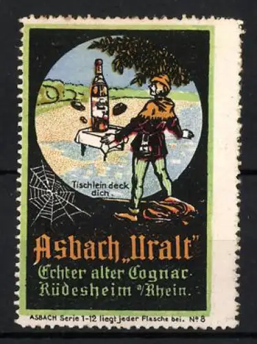 Reklamemarke Rüdesheim, Asbach Uralt, Tischlein deck dich-Szene