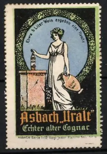 Reklamemarke Asbach Uralt, Echter alter Cognac, Frau mit Flasche