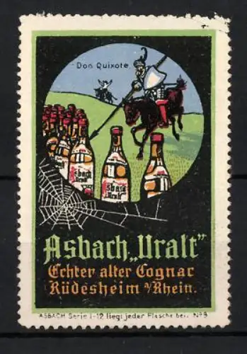 Reklamemarke Rüdesheim, Asbach Uralt, Don Quixote und Flaschen