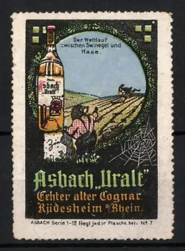 Reklamemarke Rüdesheim, Asbach Uralt, Cognacflasche, Hase und Igel