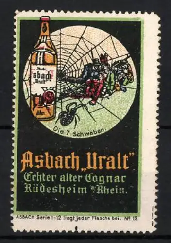 Reklamemarke Rüdesheim am Rhein, Asbach Uralt, Cognacflasche, Die 7 Schwaben