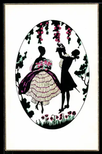 AK Rokoko-Paar, Kavalier pflückt Blumen