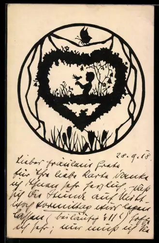 AK Junge lauscht dem Gesang des Vogels auf seiner Hand, Scherenschnitt