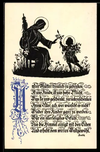 AK Unsrer Mutter..., Mädchen bringt Mutter Blumen, Heiligenschein