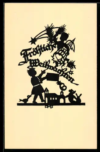 AK Kinder mit Geschenken zu Weihnachten, Scherenschnitt