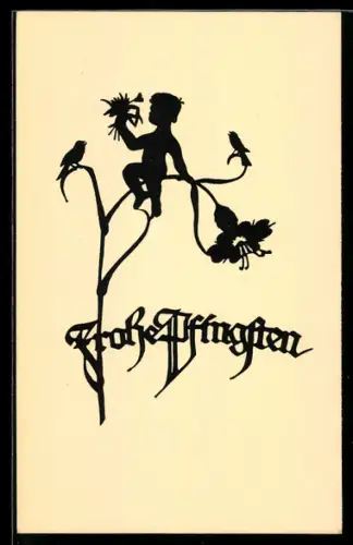 AK Scherenschnitt Frohe Pfingsten, Fee sitzt auf einer Blume