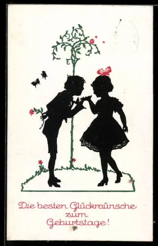 Künstler-AK Hans Boettcher: Junge küsst die Hand von einem Mädchen, Schmetterlinge, Schattenbild