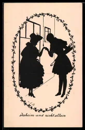 Künstler-AK Ov.Alt-Stutterheim: Daheim und nicht allein, Mann hält einer Dame die Hand, Scherenschnitt