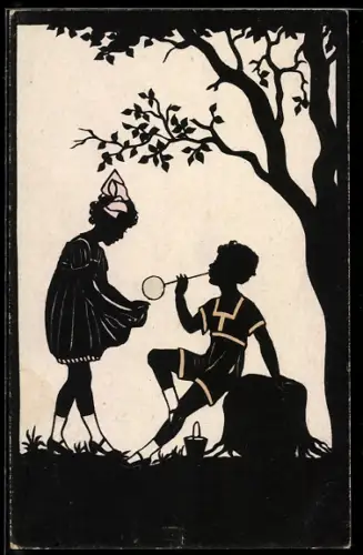 AK Knabe macht Seifenblasen für Mädchen