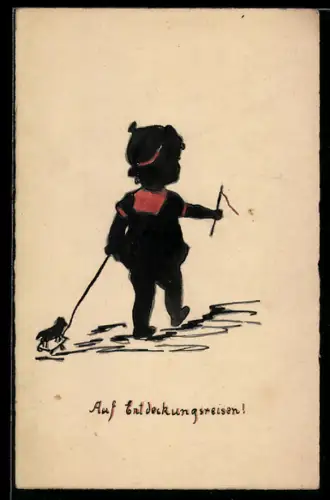 AK Auf Entdeckungsreisen, Kleines Kind mit Spielzeugpferd