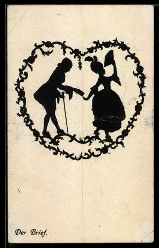 AK Der Brief, Höfisches Paar im Herz-Rahmen