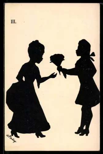 AK Kavalier überreicht Dame Blumen