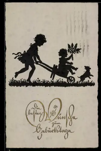 AK Kleine Gratulanten mit Blumen u. Hund, Geburtstagsgruss