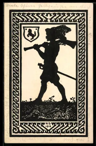 AK Der Soldat, Soldat mit Hut und Gewehr, Silhouette